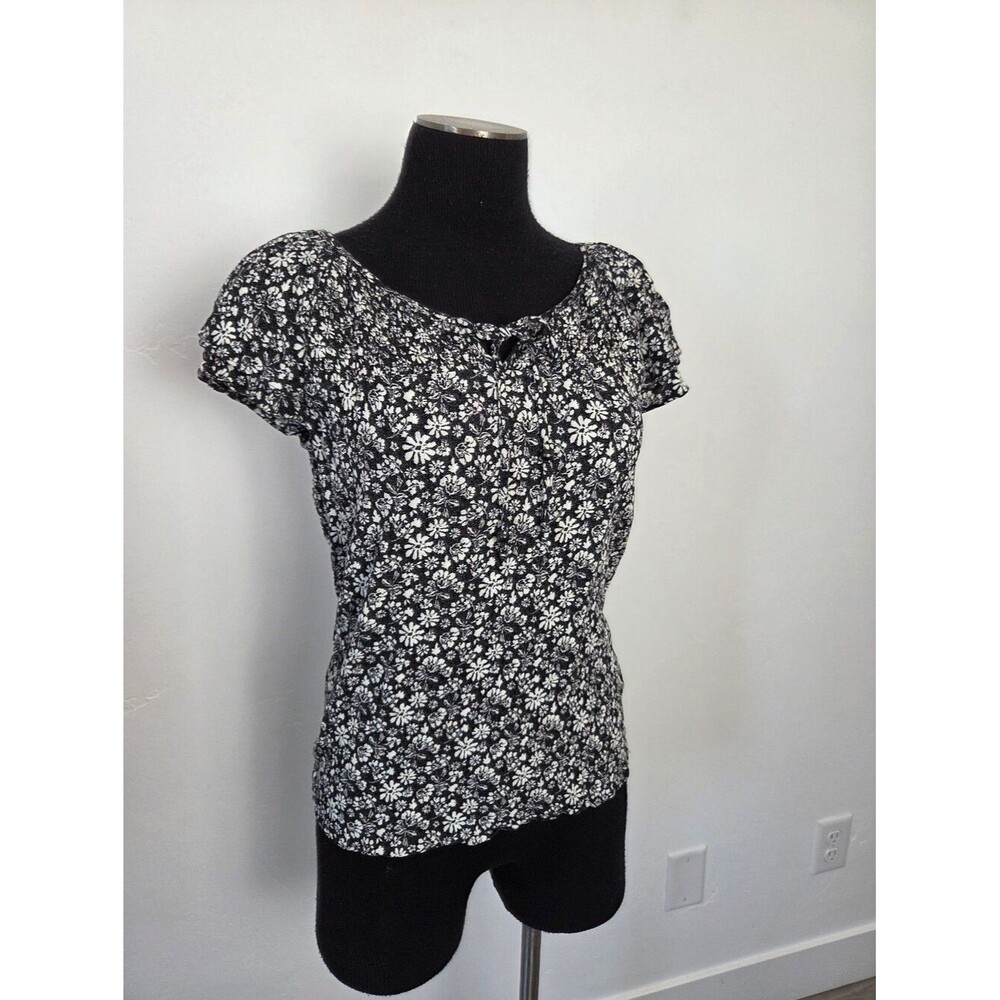 Poppi Black White Floral Fitted Blouse Top Peasant Gypsy Hippie 90s Y2k Small